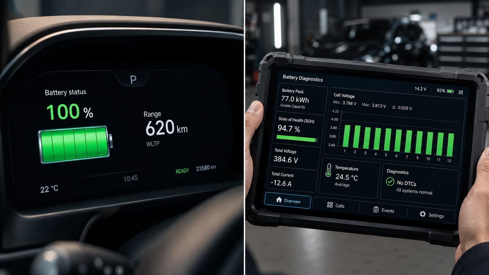 Vľavo palubný displej: 100 % a 620 km. Vpravo diagnostika z riadiacej jednotky: skutočný SoH 94,7 % a napätia jednotlivých článkov. Prvý údaj kupujúci vidí, druhý rozhoduje.